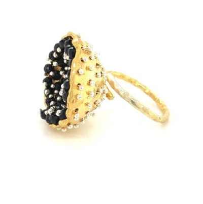 Esin Akan Dance Of Stamens Medium Ring, Gold Plate Hollow Bezel With Black Spinel In Gold
