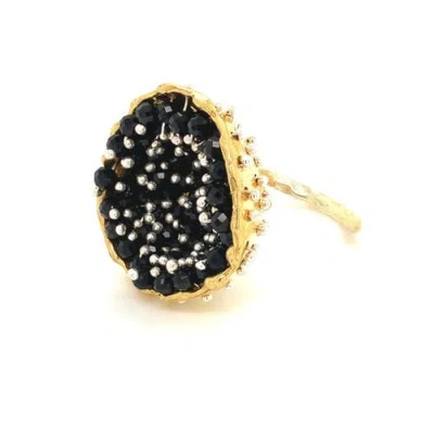 Esin Akan Dance Of Stamens Medium Ring, Gold Plate Hollow Bezel With Black Spinel In Gold