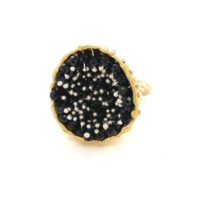 Esin Akan Dance Of Stamens Medium Ring, Gold Plate Hollow Bezel With Black Spinel In Gold