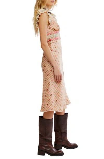 Free People Bali Belle Floral Ruffle Satin Midi Dress In Pink