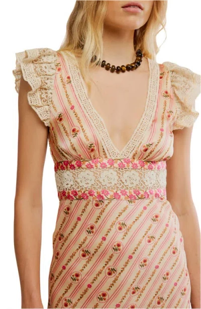 Free People Bali Belle Floral Ruffle Satin Midi Dress In Pink
