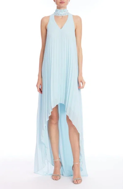 Jewel Badgley Mischka Pleated Chiffon High-low Gown In Blue
