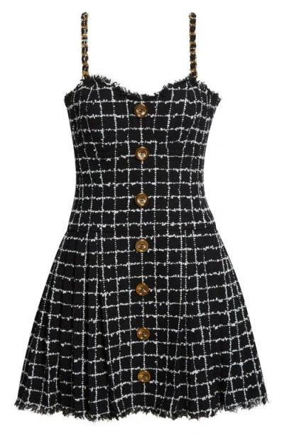 Balmain Chain Strap Check Tweed Fit & Flare Minidress In Black