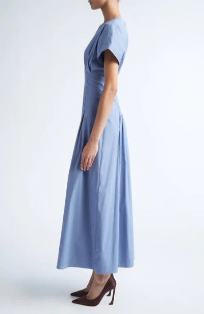 Lela Rose Smocked Back Cotton Poplin Dress In Blue