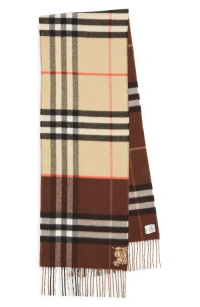 Burberry Ekd Check Reversible Double Face Cashmere Fringe Scarf In Brown