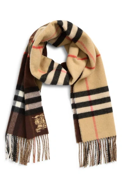 Burberry Ekd Check Reversible Double Face Cashmere Fringe Scarf In Brown
