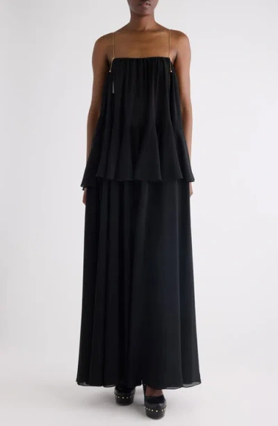 Chloé Chain Strap Peplum Silk Georgette Maxi Dress In Black