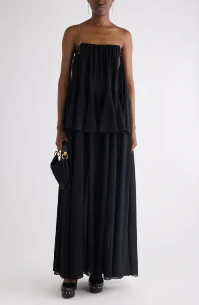 Chloé Chain Strap Peplum Silk Georgette Maxi Dress In Black