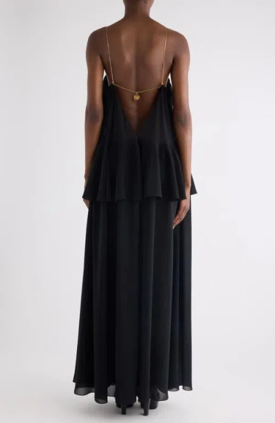 Chloé Chain Strap Peplum Silk Georgette Maxi Dress In Black