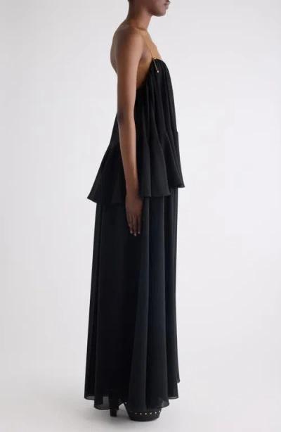 Chloé Chain Strap Peplum Silk Georgette Maxi Dress In Black