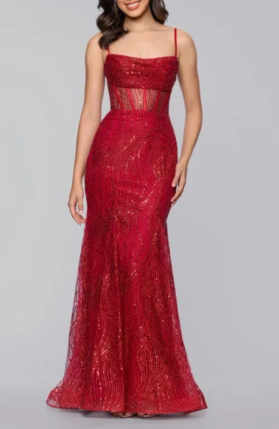 Blondie Nites Glitter Corset Mermaid Gown In Red