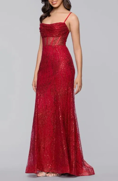 Blondie Nites Glitter Corset Mermaid Gown In Red