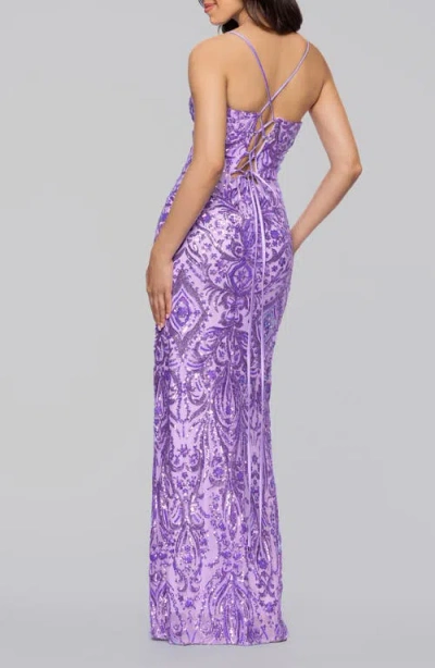 Blondie Nites Sequin Paisley Sheath Gown In Blue