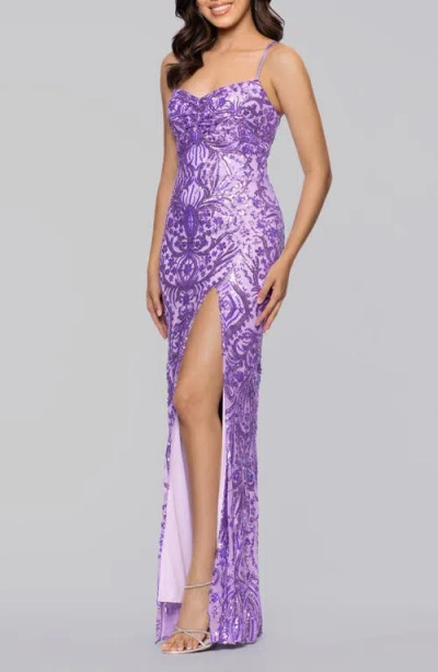 Blondie Nites Sequin Paisley Sheath Gown In Blue