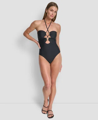 Dkny Women's Removable Cups Halter Neck One-piece Swimsuit In Green