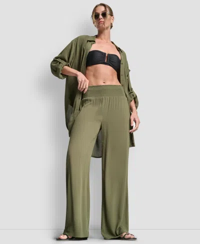 Dkny Women's Smocked-waist Cover-up Pull-on Pants In Green