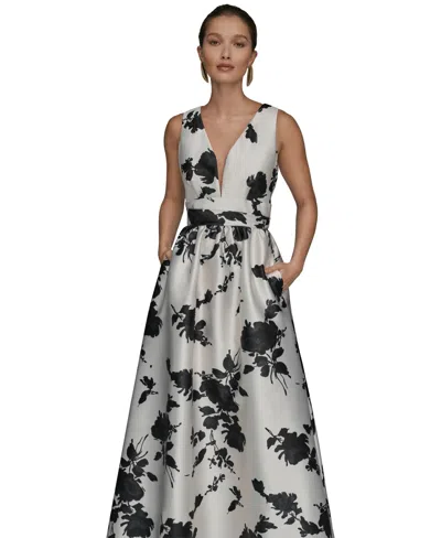 Donna Karan Women's Short Sleeve V-neck Floral Print Mikado Gown In Multi