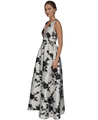 Donna Karan Women's Short Sleeve V-neck Floral Print Mikado Gown In Multi