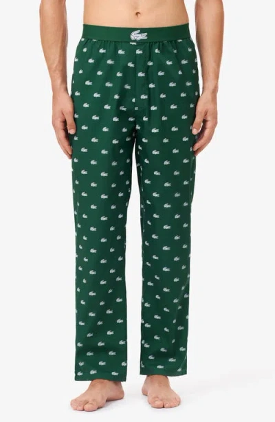 Lacoste Logo Print Cotton Pajama Pants In Green