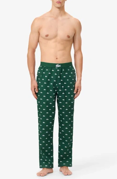 Lacoste Logo Print Cotton Pajama Pants In Green