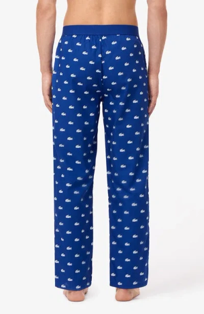 Lacoste Logo Print Cotton Pajama Pants In Blue