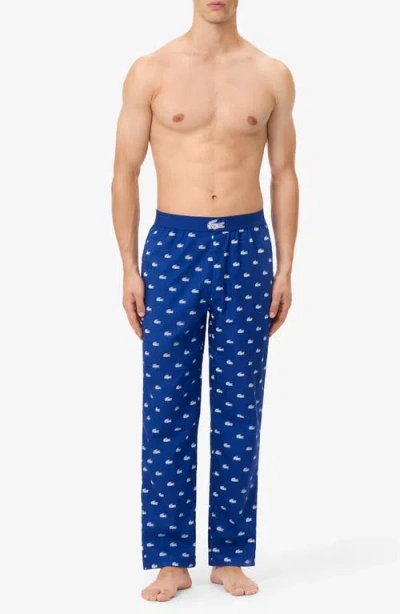 Lacoste Logo Print Cotton Pajama Pants In Blue