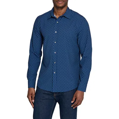 Wrk W.r.k Basic Slim Fit Navy Micropaisley Performance Button-up Shirt In Blue