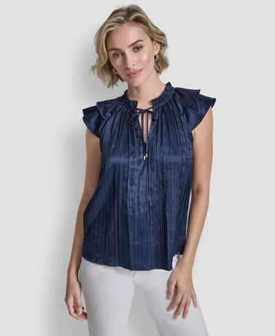 Dkny Women's Short-sleeve Pleated Tie Front Blouse In Blue