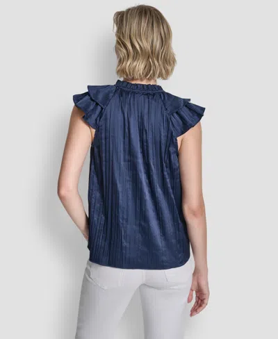 Dkny Women's Short-sleeve Pleated Tie Front Blouse In Blue
