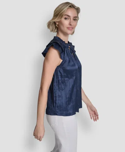 Dkny Women's Short-sleeve Pleated Tie Front Blouse In Blue