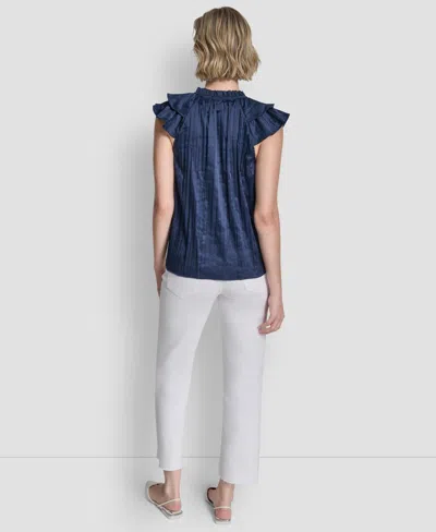 Dkny Women's Short-sleeve Pleated Tie Front Blouse In Blue