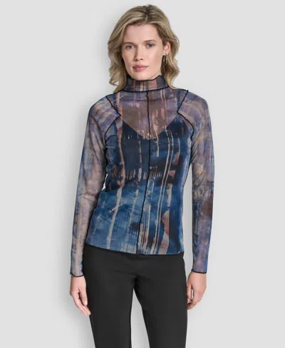 Dkny Women's Long-sleeve Exposed Seam Mesh Top With Sleeveless Camisole In Blue