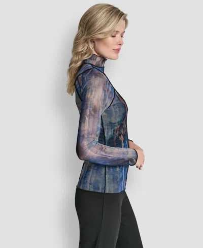 Dkny Women's Long-sleeve Exposed Seam Mesh Top With Sleeveless Camisole In Blue