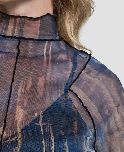 Dkny Women's Long-sleeve Exposed Seam Mesh Top With Sleeveless Camisole In Blue