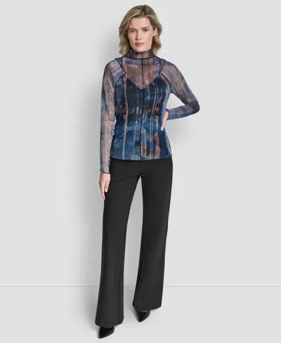 Dkny Women's Long-sleeve Exposed Seam Mesh Top With Sleeveless Camisole In Blue