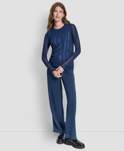 Dkny Women's Long-sleeve Double Layer Mixed Stitch Sweater In Blue