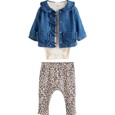 Next Rib Bodysuit, Denim Jacket & Leggings Set In Blue