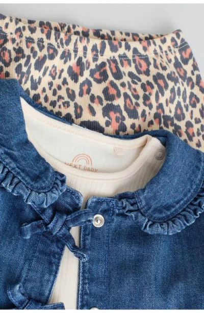 Next Rib Bodysuit, Denim Jacket & Leggings Set In Blue