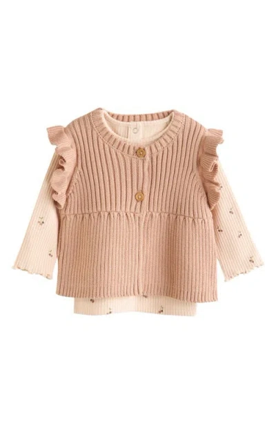 Next Kids' Ruffle Vest, Rib T-shirt & Leggings Set In Brown