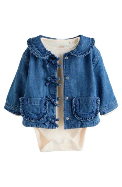 Next Rib Bodysuit, Denim Jacket & Leggings Set In Blue