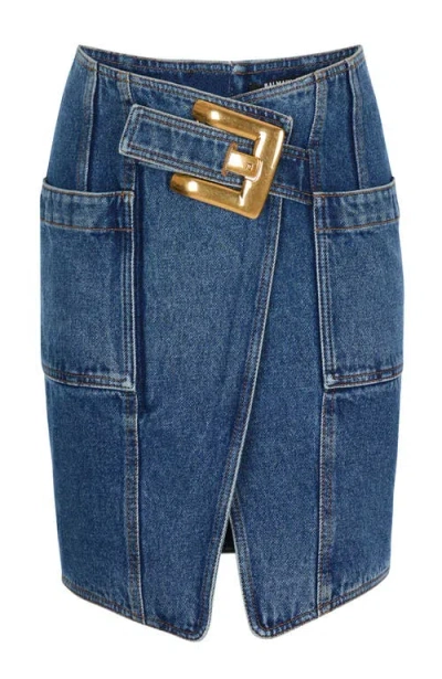 Balmain Short Denim Skirt With Belt In Black