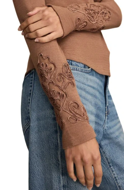 Lucky Brand Cutwork Detail Cotton Rib Top In Brown