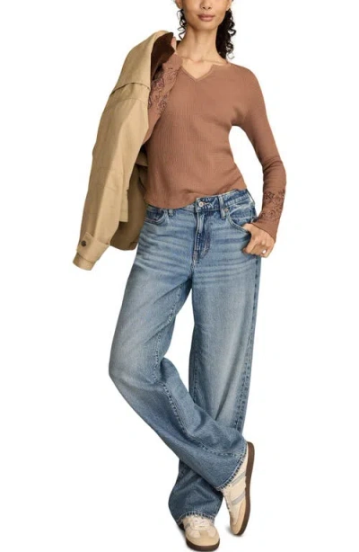 Lucky Brand Cutwork Detail Cotton Rib Top In Brown