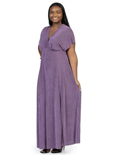 24seven Comfort Apparel Plus Size  Flutter Sleeve Metallic Knit Maxi Dress Front Slit Empire Waist In Purple