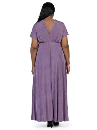 24seven Comfort Apparel Plus Size  Flutter Sleeve Metallic Knit Maxi Dress Front Slit Empire Waist In Purple