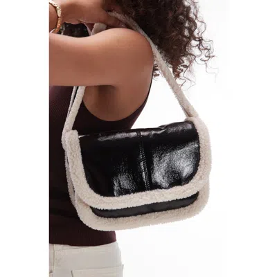 Topshop Faux Shearling Lined Faux Leather Shoulder Bag In Black