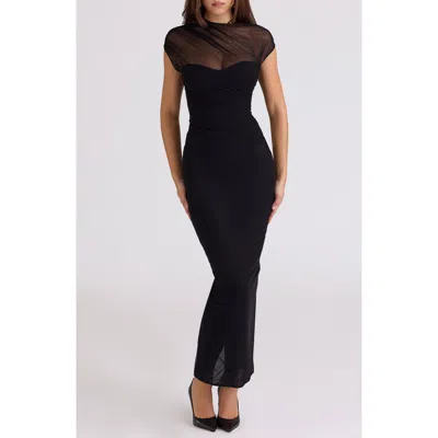 House Of Cb Orelia Draped Mesh Gown In Black