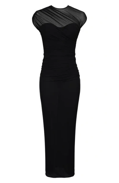 House Of Cb Orelia Draped Mesh Gown In Black