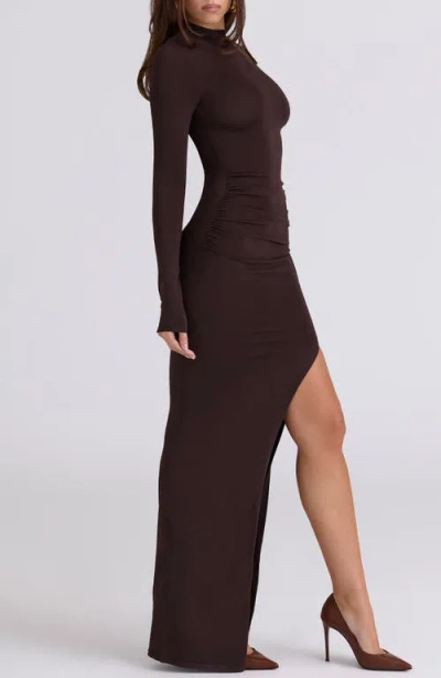 House Of Cb Anais Long Sleeve Mock Neck Knit Gown In Brown