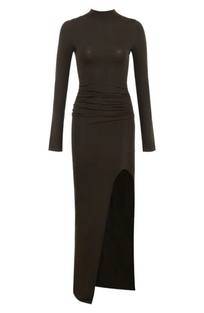 House Of Cb Anais Long Sleeve Mock Neck Knit Gown In Brown